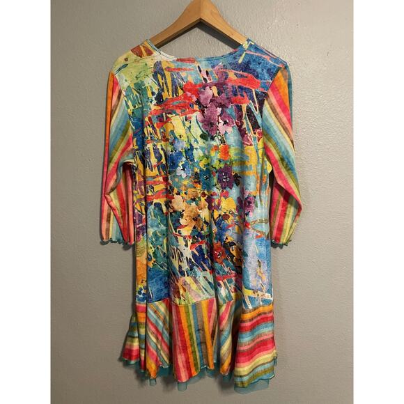 Amma Design Tunic Dress Womens XL Multicolor Floral Striped Boho Made in USA - Picture 5 of 8